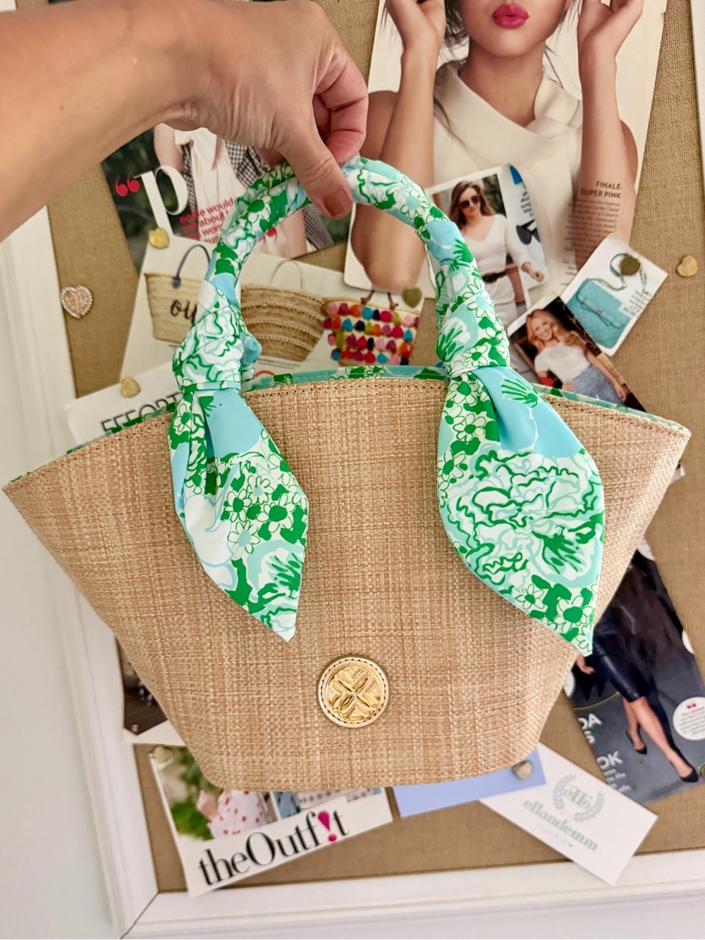 Lily Pulitzer Straw Tote Bag with Green Floral Handles and Cream Floral Accents - Picture 4 of 5